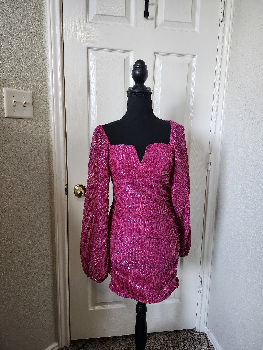 Altard State Hot Pink Sequin Long Sleeve Mini Dress S